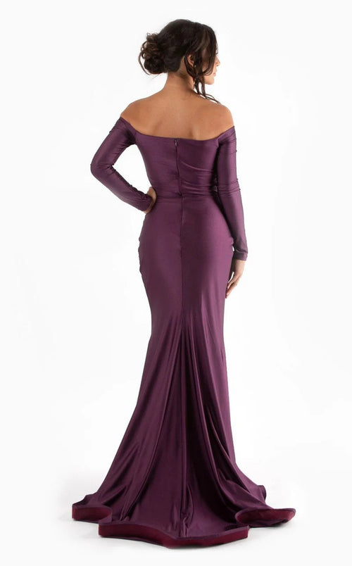 Jessica Angel JA531 Off-Shoulder Fitted High Slit Ruched Draped Jersey Dress
