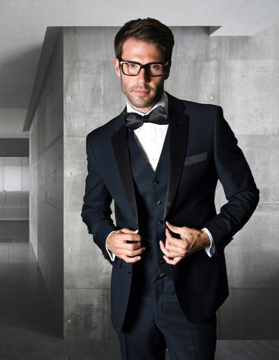 Mens Classic Modern Fit 2 Button Vested Wool Tuxedo in Navy Blue by Statement