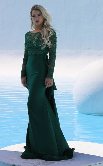 Jessica Angel JA544 Illusion Long Sleeve Fitted Train Lace Jersey Dress