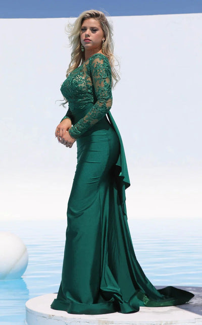 Jessica Angel JA544 Illusion Long Sleeve Fitted Train Lace Jersey Dress
