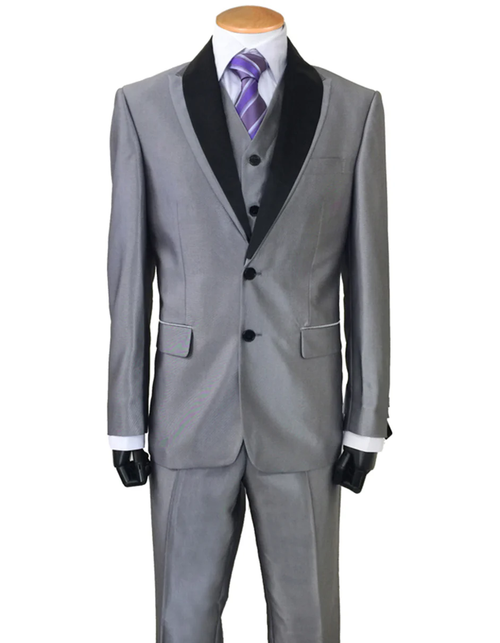 Designer Gray Prom Tuxedo - Grey Wedding Satin Shawl Suit in Silver