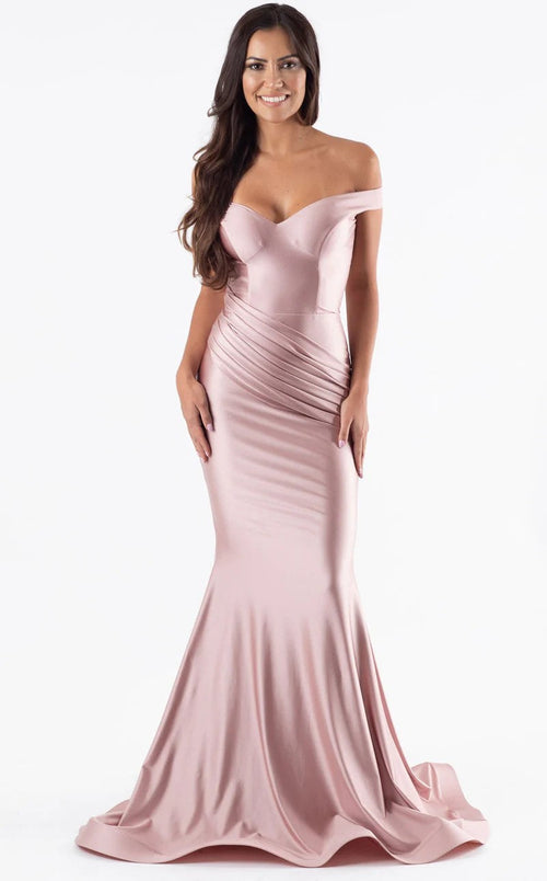 Jessica Angel JA581 Off-Shoulder Fitted Open Back Draped Court Train Jersey Dress
