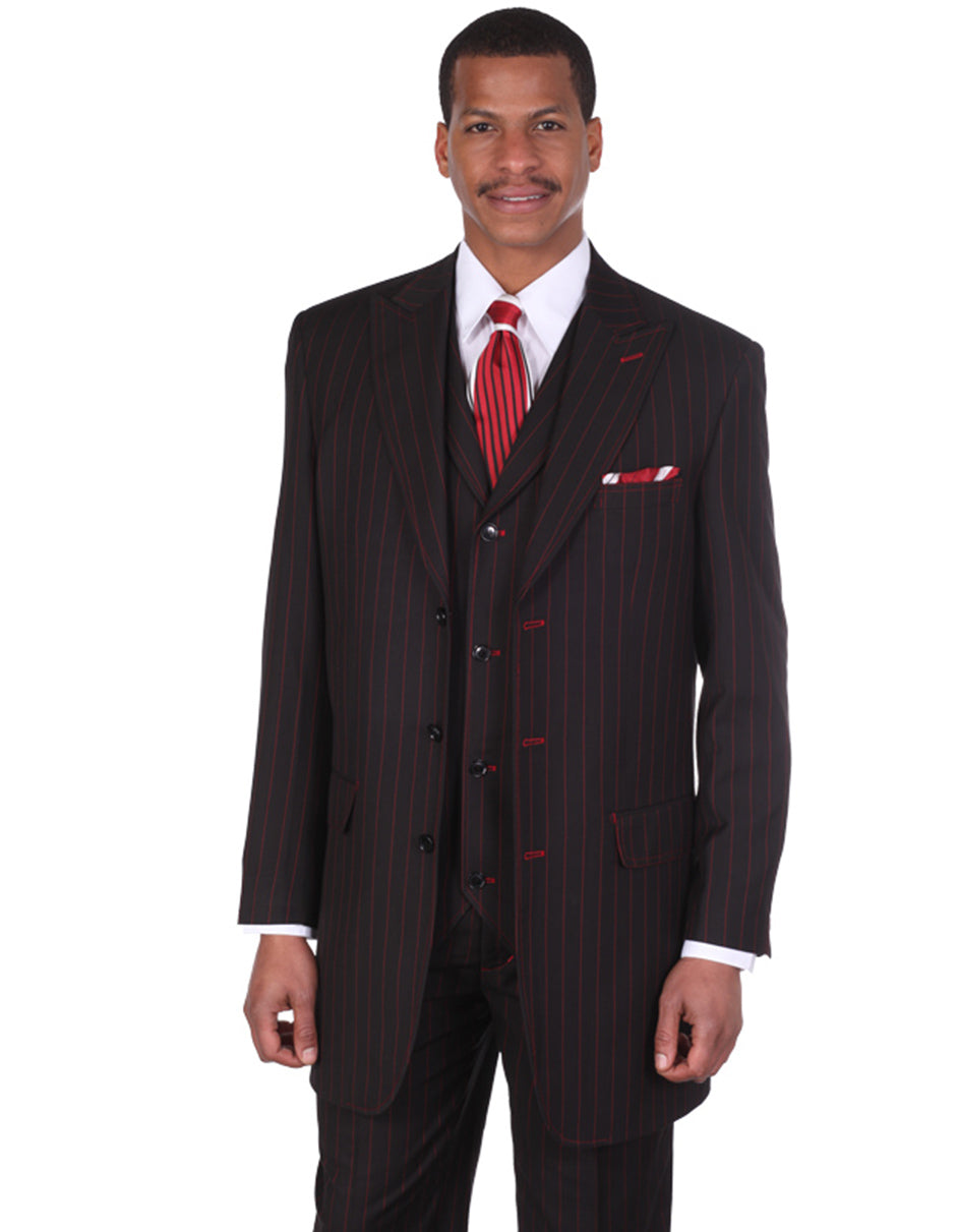 Mens 3 Button Peak Lapel Bold Pinstripe Gangster Suit in Black & Red - Men's Tuxedo USA – SuitUSA