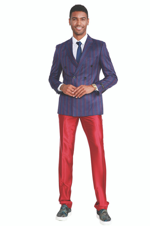 Men's Slim Fit Double Breasted Navy Suit with Red Pinstripes and Satin Pants
