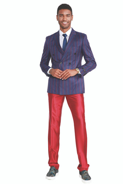 Men's Slim Fit Double Breasted Navy Suit with Red Pinstripes and Satin Pants