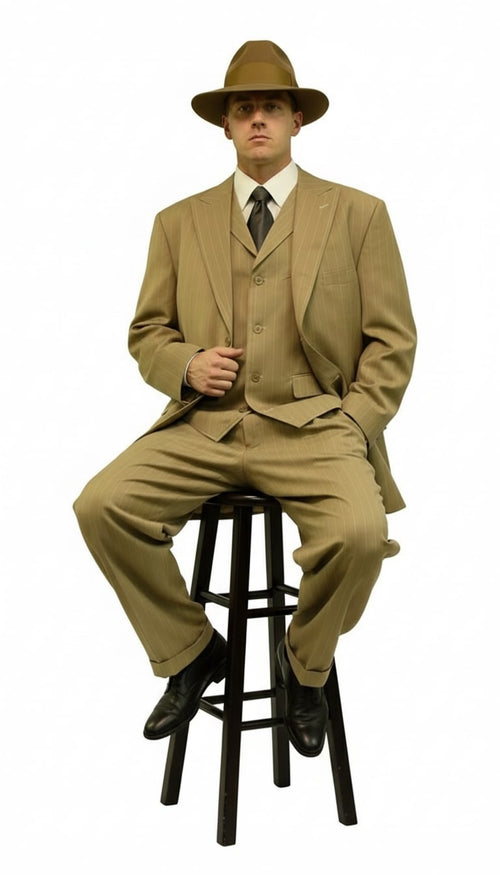 Mens Tan Pinstripe Zoot Suit – 1920s Gangster Vintage 3-Piece Suit with Wide-Leg Pants
