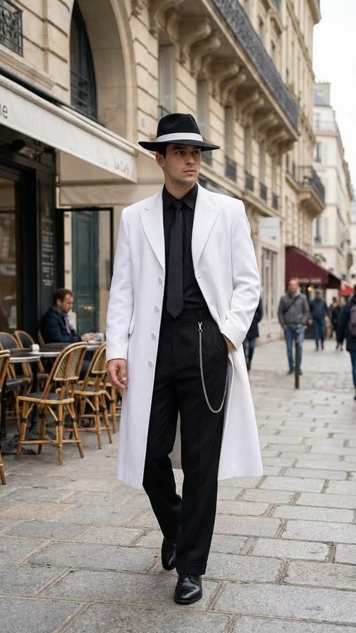 Men’s White Long Zoot Style Suit | Vintage Gangster Mafia Formal Coat with Black Pants