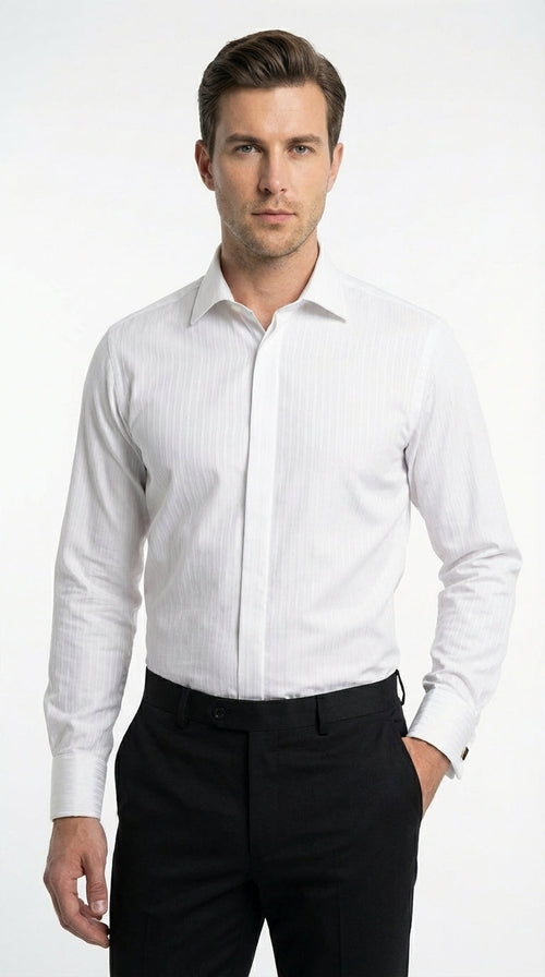 Mens White Herringbone Shadow and Tone on Tone Dress Shirt β Classic Formal Wedding