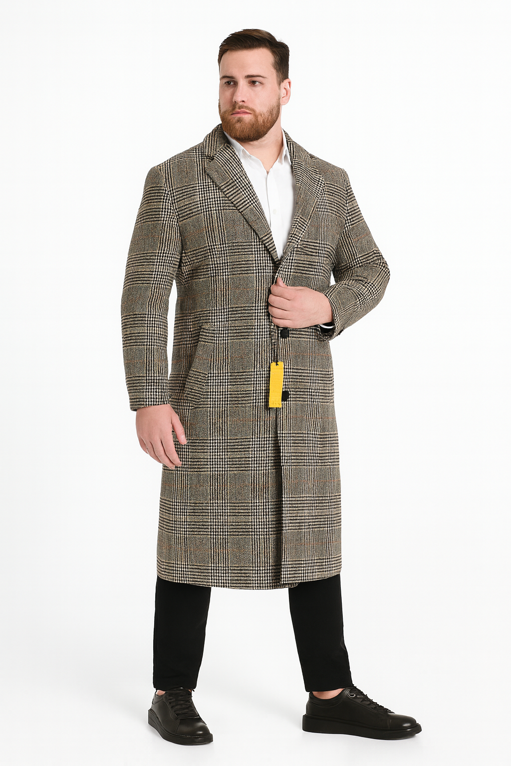 Men’s Full length Long Plaid Overcoat – Classic Checkered Wool Blend Winter Coat in Gray Color Checkered