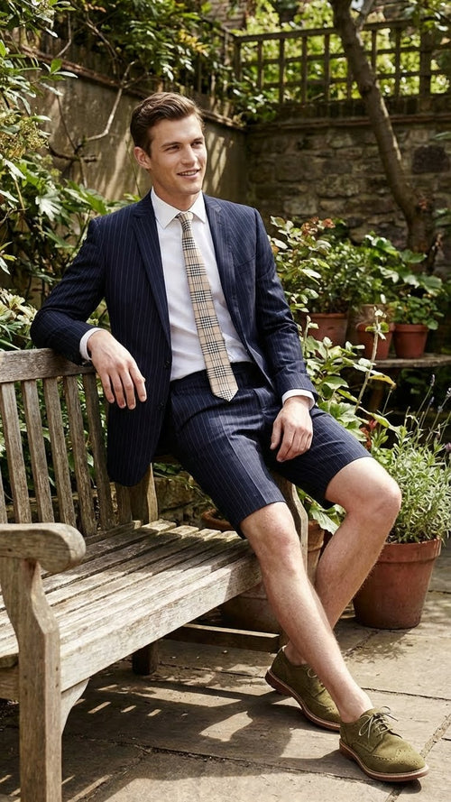 Men’s Dark Navy Blue Pinstripe or Black Pinstripe Summer Business Suit with Shorts Pants Set – Sport Coat Style Formal and Casual Outfit