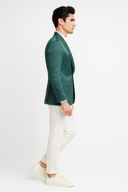 Men’s Teal Green Floral Jacquard Blazer – Slim Fit Tuxedo Jacket for Weddings, Proms, and Parties
