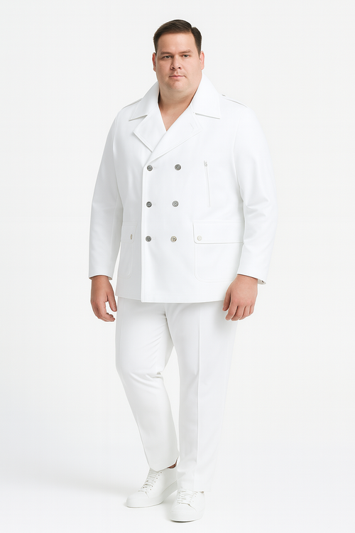 Men’s White Double-Breasted Peacoat Jacket - Classic Stylish Outerwear Wool Fabric Slim Fitted by USA Men's Outlet