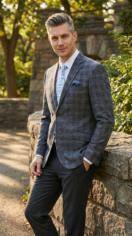 Mens Charcoal Gray with Blue Plaid Pattern Blazer Jacket β Classic Check Pattern Sport Coat for Business, Office, and Smart Casual Wear