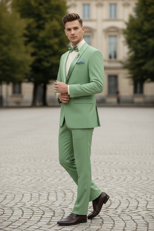 Men’s Mint Green Tuxedo - 2-Piece Formal Suit with Satin Shawl Lapel and Matching Bow Tie in Sage Green by USA Men's Outlet