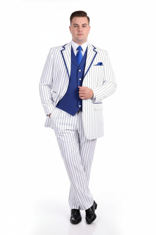 Men’s White and Royal Blue Pinstripe 3-Piece Suit - Classic Fit Blazer with Vest, Pants, and Tie by USA Men's Outlet