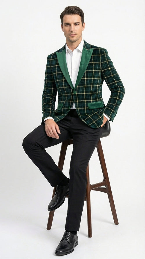 Mens Tartan Green and Gold Check Blazer β Windowpane Plaid Sport Coat Velvet Lapel Plaid Christmas Holiday New Year Jacket