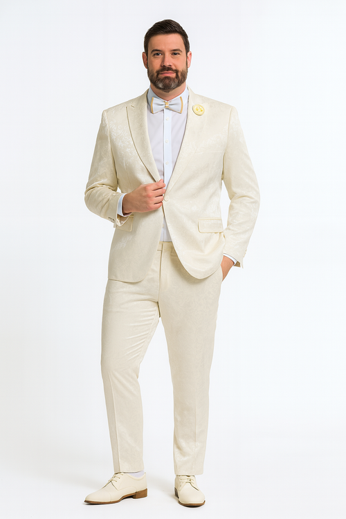 Men’s Champaign Ivory Jacquard Paisley Tuxedo Suit with Satin Shawl Lapel – Elegant Wedding and Prom Outfit By Rossiman
