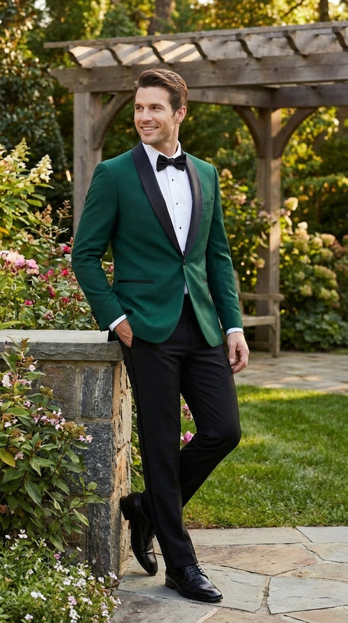 Men’s Emerald Green Tuxedo Jacket with Black Satin Shawl Lapel | Prom Dinner Blazer