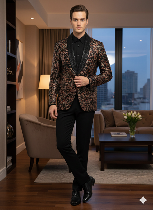 Men’s Black Shiny Designer Blazer with Red and Gold Pattern - Luxury Party & Wedding Jacket by USA Men's Outlet
