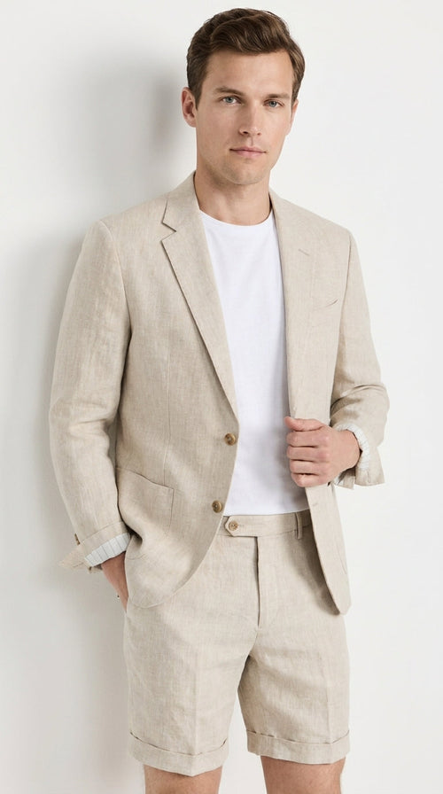 Menās Tan Linen Suit with Shorts, 2 Piece Summer Short Suit, Casual Beach Wedding Outfit