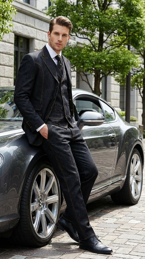 Men's Black Denim Fabric Suit β Classic Three Piece Denim Suit for Wedding, Prom and Church Wear