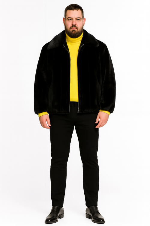 Men’s Black Faux Fur Jacket - Luxury Winter Zip-Up Coat with Soft Plush Finish by USA Men's Outlet