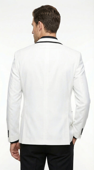 Men’s White Disco Blazer 70s Era Costume Jacket – Black Trim Retro Party Blazer, Vintage Dance Outfit, Stylish Evening Themed Wear