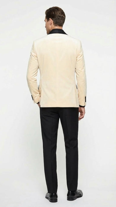 Men’s Ivory Dinner Jacket - Cream Velvet Blazer with Black Satin Lapel - Wedding and Party Formal Sport Coat in off white USA Men's Outlet