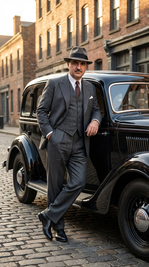 Al Capone Men’s Charcoal Gray Stripe 3-Piece Gangster Style Suit – 1920s Jazz Club Inspired Formal Suit Outfit