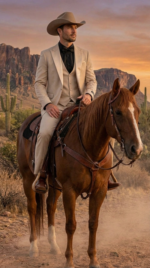 Men’s Tan Cowboy Suit – Western Formal Two Piece Suit for Weddings, Champaign Sand Color