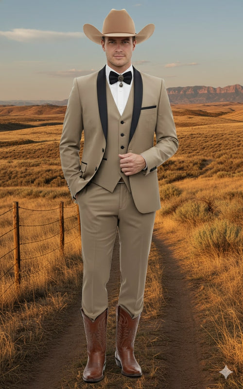 Mens Western Cowboy Suit β 3-Piece Tan Tuxedo with Black Lapel, Vest, and Pants Beige Color
