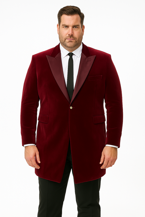 Men’s Burgundy Tuxedo in Velvet Long Blazer - Victorian Cutaway Tuxedo Suit 1920s Gangster Style Long Jacket with Black Pants by USA Men's Outlet