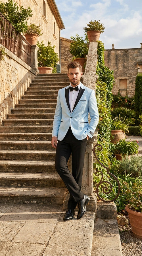 Men’s Baby Blue Tuxedo Blazer with Black Lapel – Formal Dinner Jacket for Wedding, Prom and Evening Events in Sky Light Blue Color