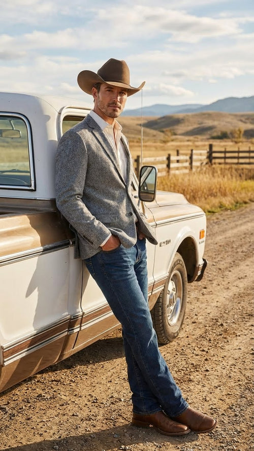 Men's Grey Tweed Herringbone Western Blazer Jacket Style Look, Textured Formal Casual Sport Coat for Jeans