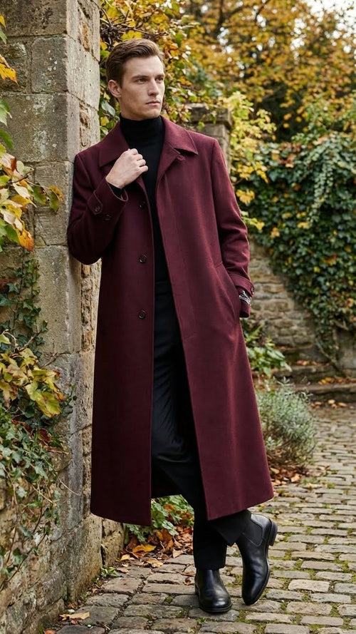 Men’s Full-Length Burgundy Overcoat – Microfiber 4 season fabric Long Formal Coat with Classic Tailored Maxi Duster Coat