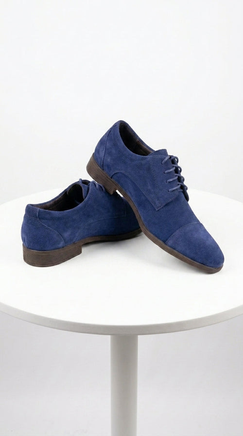 Men’s Navy Blue Suede Cap Toe Dress Shoes – Classic Lace Up Formal Wedding and Prom Shoes Velvet Fabric