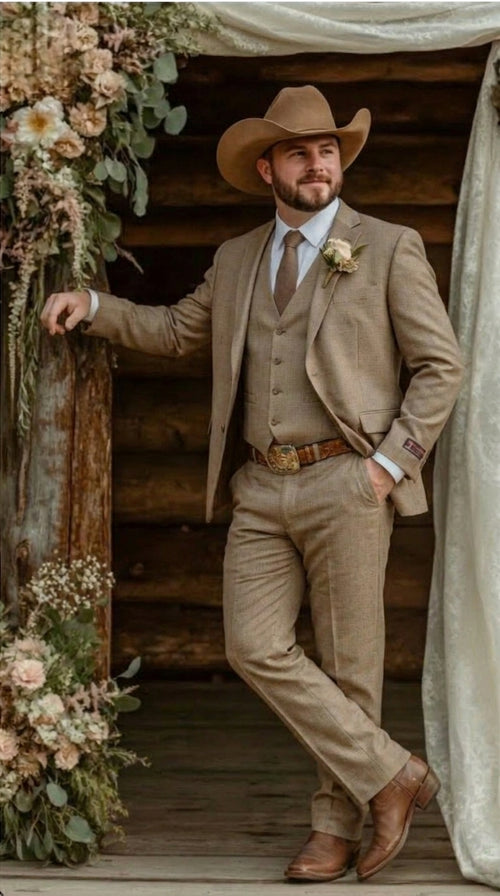 Mens Sharkskin Dark Taupe Tan with sheen Western 3 Piece Suit β Classic Country Style Blazer Vest Pants Set, Formal Cowboy Suit Outfit