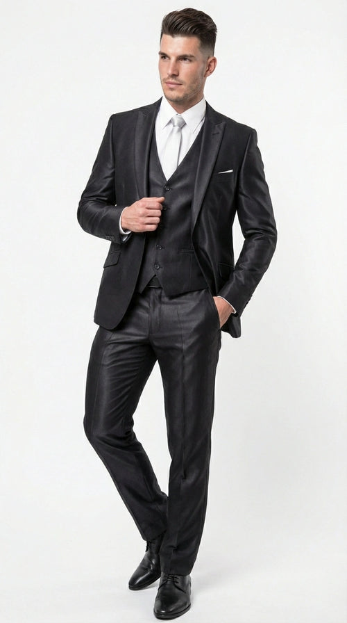 Men’s Black Three Piece Suit – Modern Fit 3PC Formal Suit with Vest for Wedding, Prom and Business Events Sharkskin Shiny Fabric