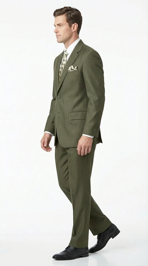 Men’s Olive Green Tuxedo With Trim Collar – Formal Wedding, Prom Suit Modern Fit