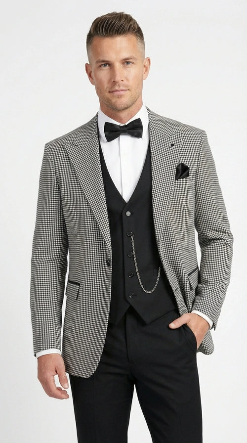 Men’s Black and White Houndstooth Gatsby Inspired Suit – Vintage Style Formal Suit for Wedding, Prom and Classic Events Blazer + Black vest + Black Pants