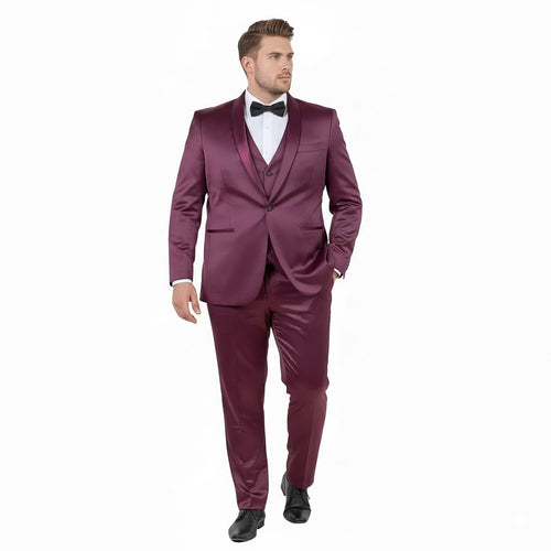 Mens Sateen Shiny Burgundy Slim Fit Tuxedo - Satin Shawl Lapel 3-Piece Suit by USA Men's Outlet