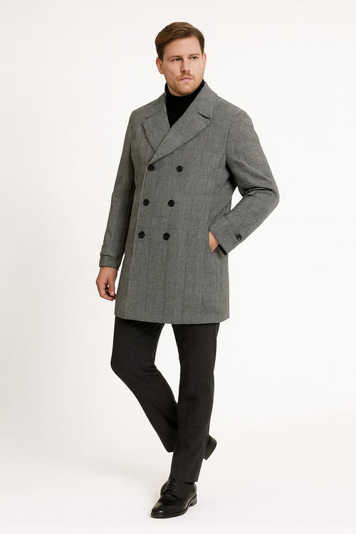 Mens Grey Plaid Double-Breasted Overcoat with Black Faux Fur Collar β Classic Winter Peacoat