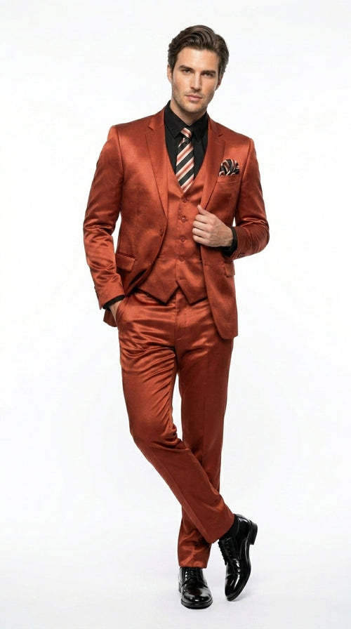 Menās Rust Copper Coganc Shiny Sateen 3 Piece Suit, Vested Formal Wedding Prom Suit Set Ultra Slim Fit