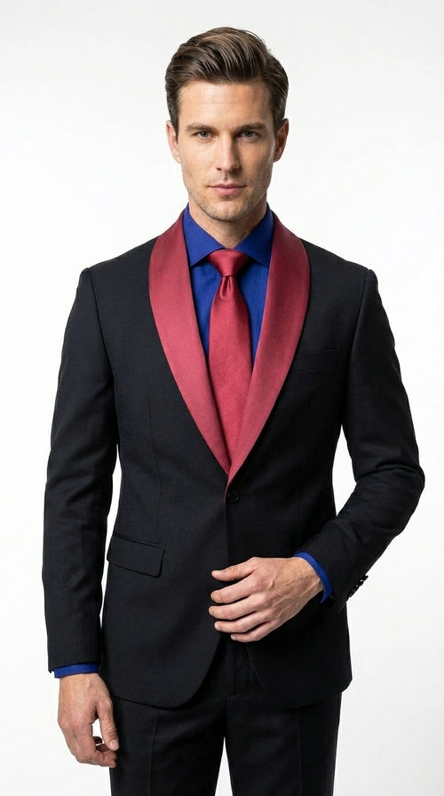 Men’s Black Suit with Burgundy Shawl Lapel – Formal Tuxedo Suit for Wedding, Prom and Evening Events + Bowtie & Tie