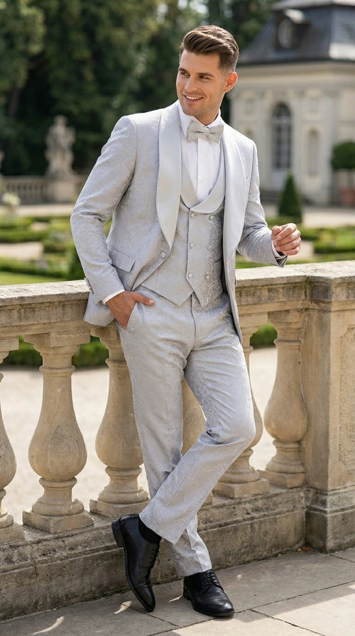 Mens Light Silver Wedding Tuxedo Suit β Paisley Fabric Three Piece Formal Suit Set with Shawl Lapel for Groom, Prom, Gala and ice Grey