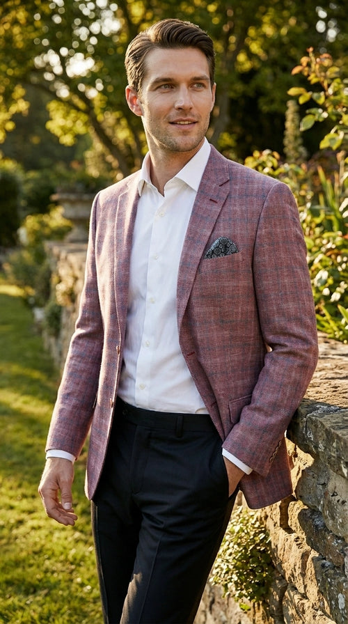 Mens Dusty Rose Mauve Pink with Tint of Blue Plaid Sport Coat Blazer β Classic Check Pattern Casual Blazer Jacket for Business Casual, Wedding