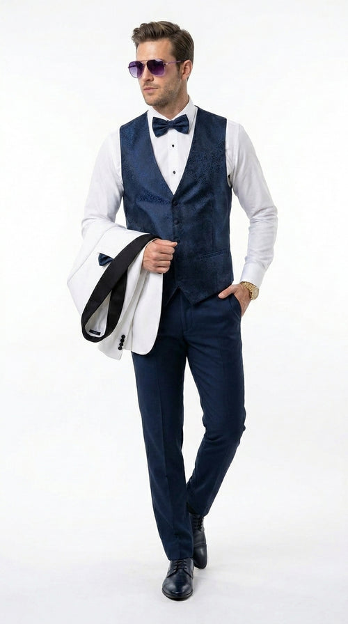 Men’s White and Navy Blue Tuxedo Wedding Suit with Blazer, Vest, Pants and Bow Tie, Formal Groom Suit