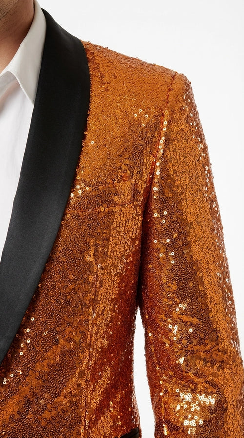 Mens Orange Sequin Tuxedo Suit β Shiny Wedding Suit Set with Black Lapel for Prom, Party, Gala and Formal Evening Wear - Goldish Orange