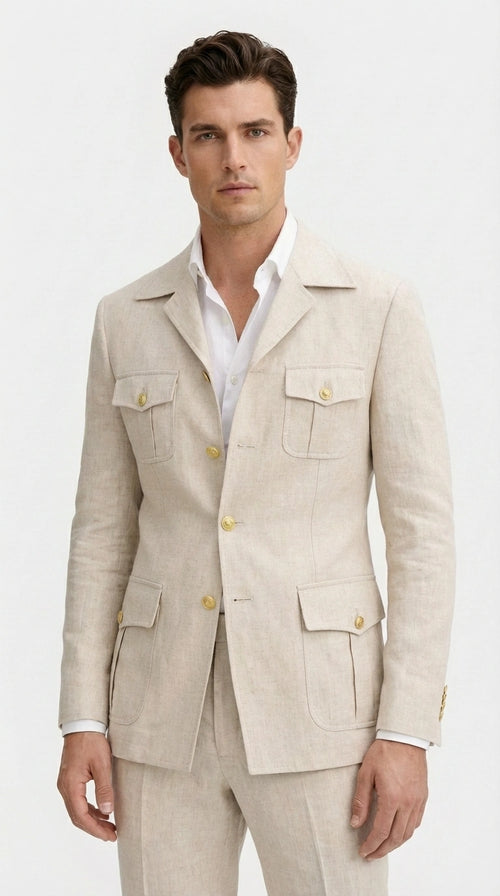 Mens Tan Beige Safari Military Walking Suit Set β Casual Two Piece Outfit Lightweight Summer Blazer and Pants Set Classic Casual Wear