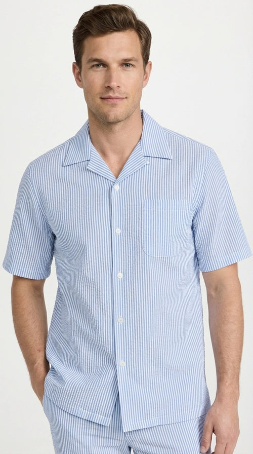 Mens Light Blue Seersucker Walking Suit Set β Casual Summer Short Sleeve Outfit with Matching Pants Lightweight Two Piece Set